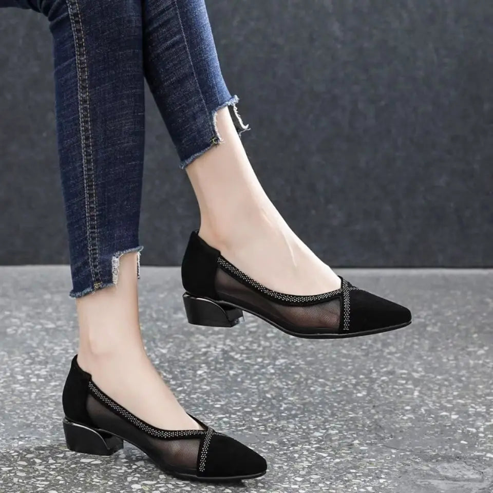 Mesh mid-heel shoes with rhinestones