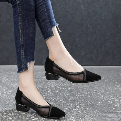Mesh mid-heel shoes with rhinestones