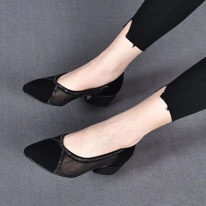 Mesh mid-heel shoes with rhinestones