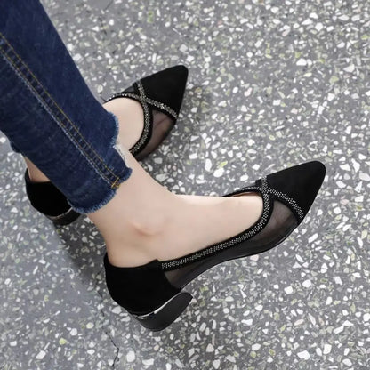 Mesh mid-heel shoes with rhinestones