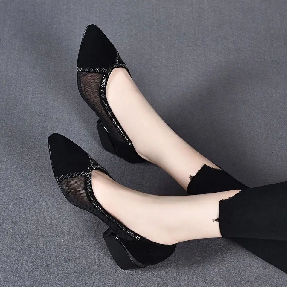 Mesh mid-heel shoes with rhinestones
