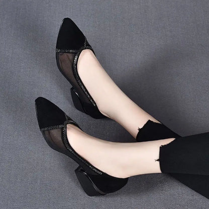 Mesh mid-heel shoes with rhinestones
